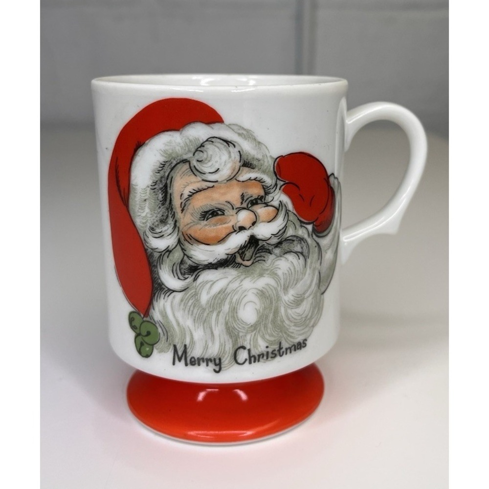 Vintage Lefton Santa Clause Pedestal Mug Red White Merry Christmas 7235